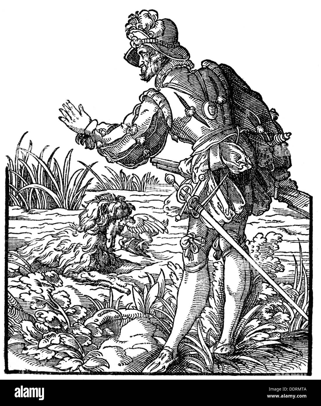 Hunt, anatra, 'duck shooter', incisione su rame, XVI secolo, artista del diritto d'autore non deve essere cancellata Foto Stock