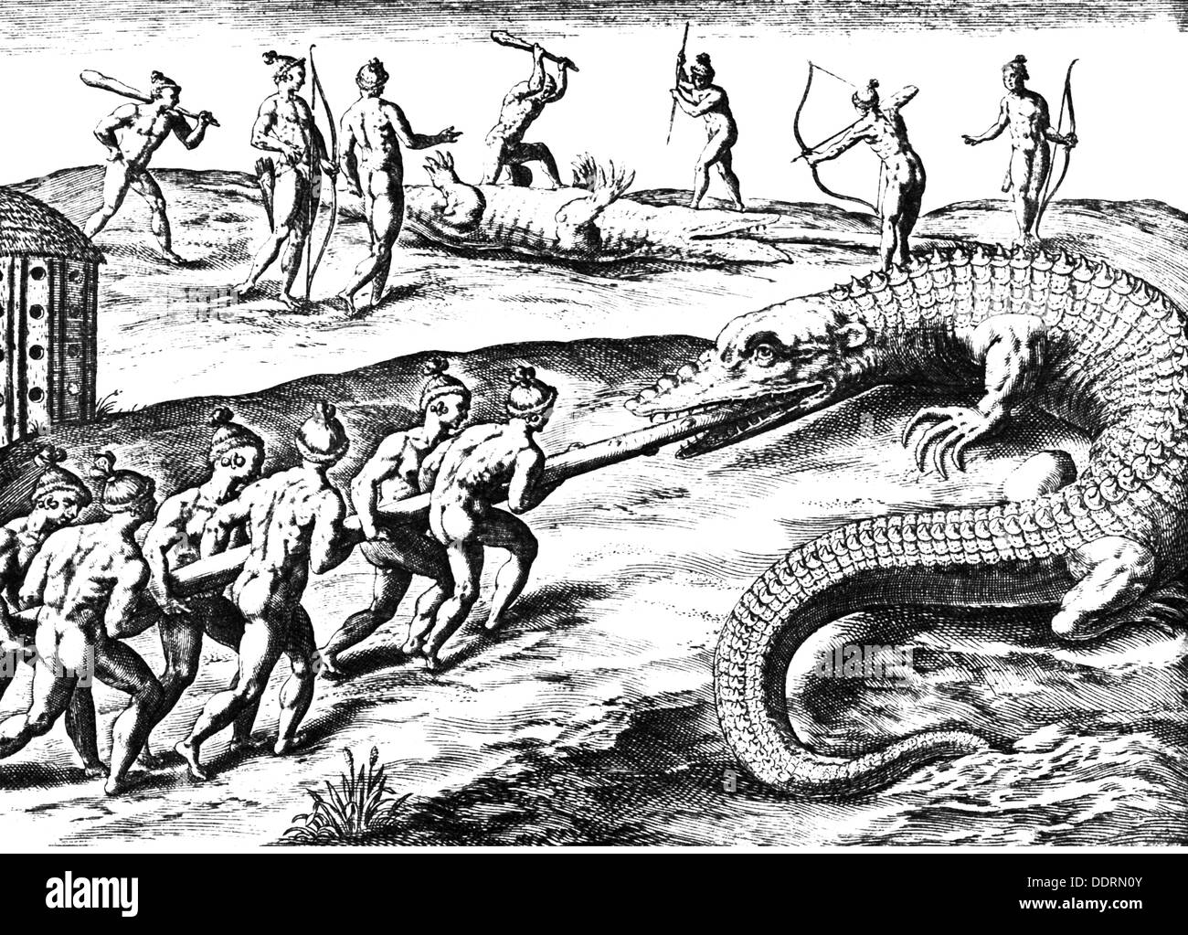 Hunt, alligator alligator hunt in Florida dai nativi, incisione su rame, " India Occidentales' da Theodor de Bry, 1591, artista del diritto d'autore non deve essere cancellata Foto Stock