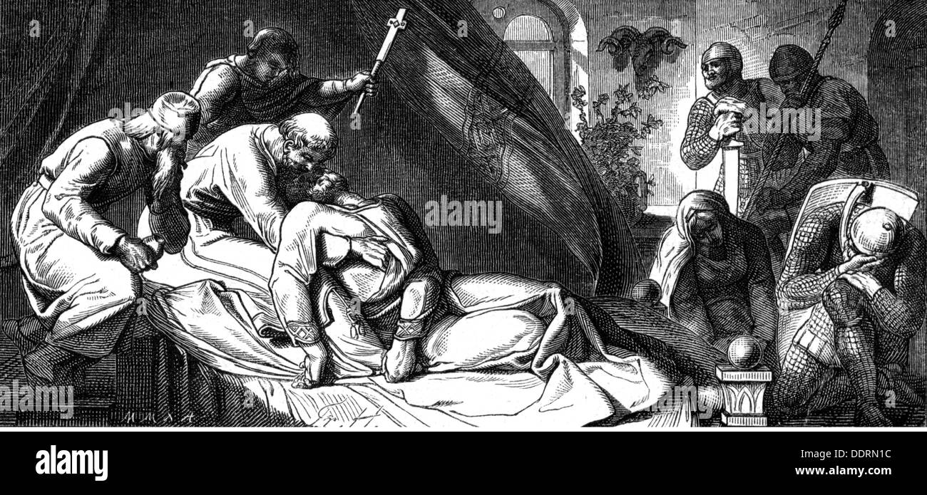 Enrico III 'il Nero', 28.10.1017 - 5.10.1056, Sacro Romano Impero 25.12.1046 - 5.10.1056, morte, morente nelle braccia di Papa Vittorio III, Bodfeld a Harz, incisione in legno, 19th secolo, Foto Stock