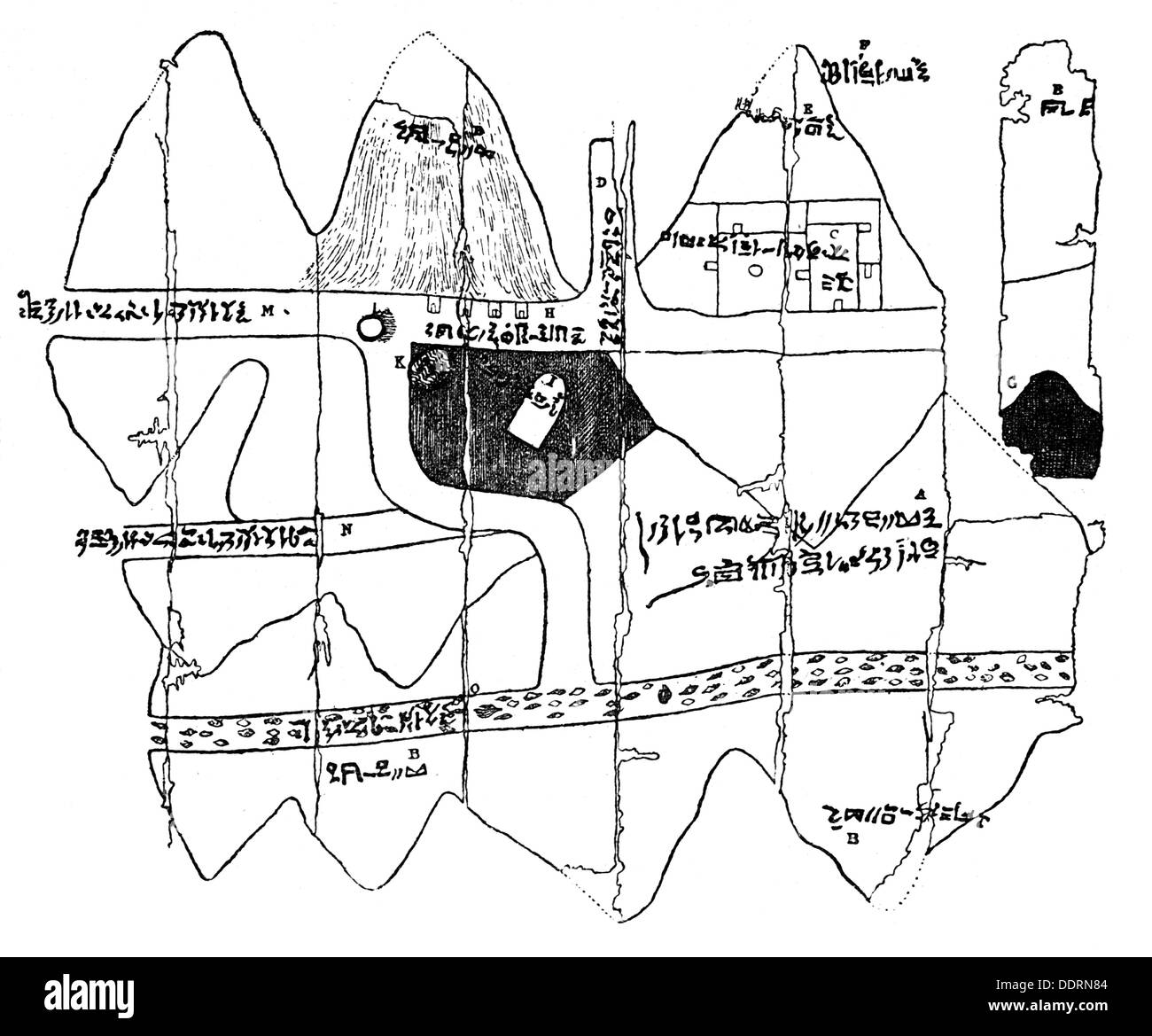 Cartografia, mappa, mappa egiziana sul papiro, circa 1250 a.C., incisione in legno, 'Ägypten und ägyptisches Leben im Altertum' di Adolf Erman, Tübingen, 1877, diritti-aggiuntivi-clearences-non disponibili Foto Stock