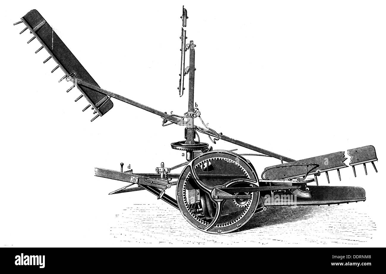 Agricoltura, macchine, falciatrice per cereali di Hornsby, incisione del legno, da: Meyers Konversationslexikon, 4a edizione, Lipsia - Vienna, 1885 - 1892, diritti-aggiuntivi-clearences-not available Foto Stock