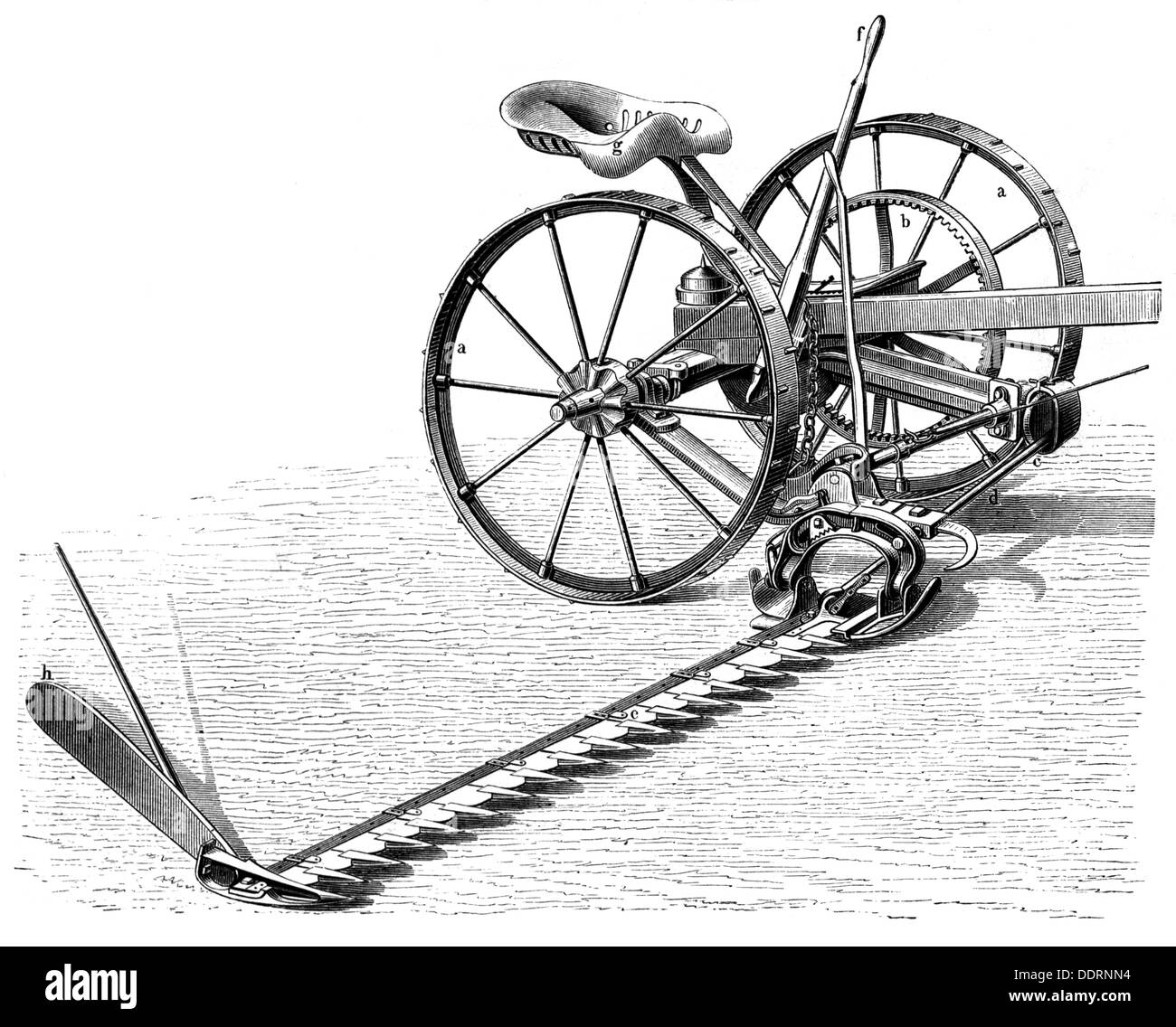 Agricoltura, macchine, rasaerba per erba di Allen, incisione del legno, da: Meyers Konversationslexikon, 4a edizione, Lipsia - Vienna, 1885 - 1892, diritti-aggiuntivi-clearences-non disponibile Foto Stock