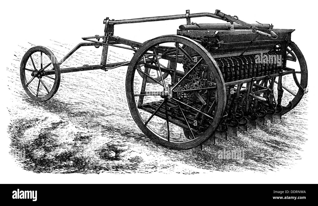 Agricoltura, macchine, seminatrice by Gross & Komp., Leipzig - Eutritzsch, incisione in legno, da: Meyers Konversationslexikon, 4a edizione, Leipzig - Vienna, 1885 - 1892, diritti-aggiuntivi-clearences-not available Foto Stock