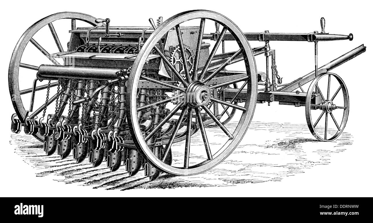 Agricoltura, macchine, seminatrici, incisione del legno, da: Meyers Konversationslexikon, 4a edizione, Lipsia - Vienna, 1885 - 1892, diritti-aggiuntivi-non-disponibili Foto Stock