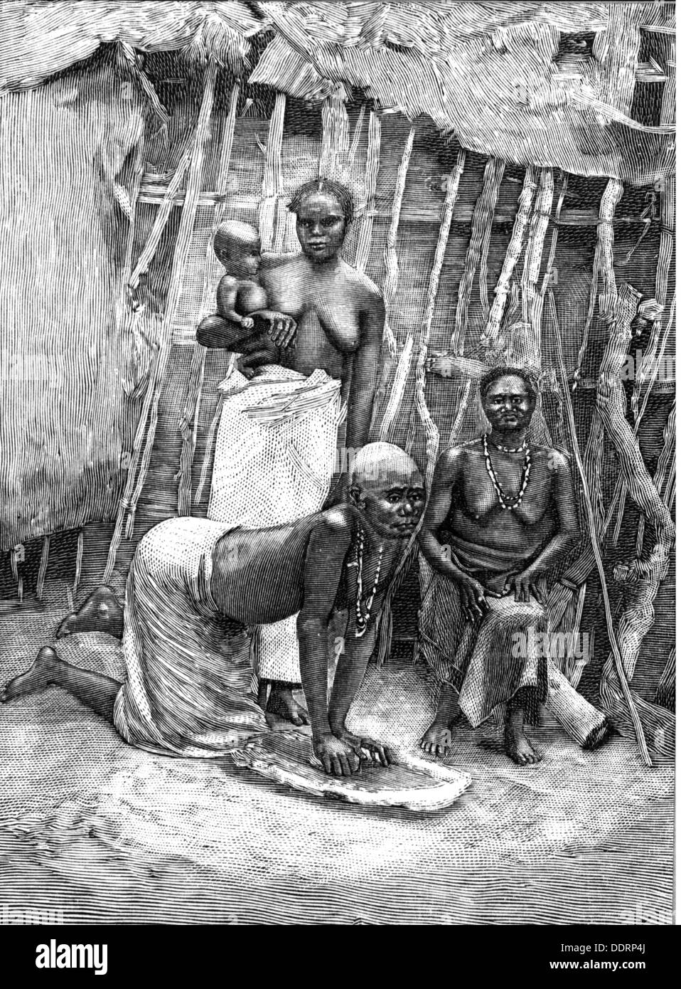 Cibo, farina, macinazione con pietra querna, Eritrea, incisione del legno, fine Ottocento, persone, donna, grano, tecnologia, tecnologie, famiglia, casalinghi, lavoro domestico, lavoro domestico, lavoro, lavoro, lavoro, lavoro, lavoro, pietra, pietre, Africa orientale, colonia italiana, Regno d'Italia, cibo, prodotti alimentari, macinatura, macinazione, querna, chiarezze, diritti aggiuntivi, non disponibili Foto Stock