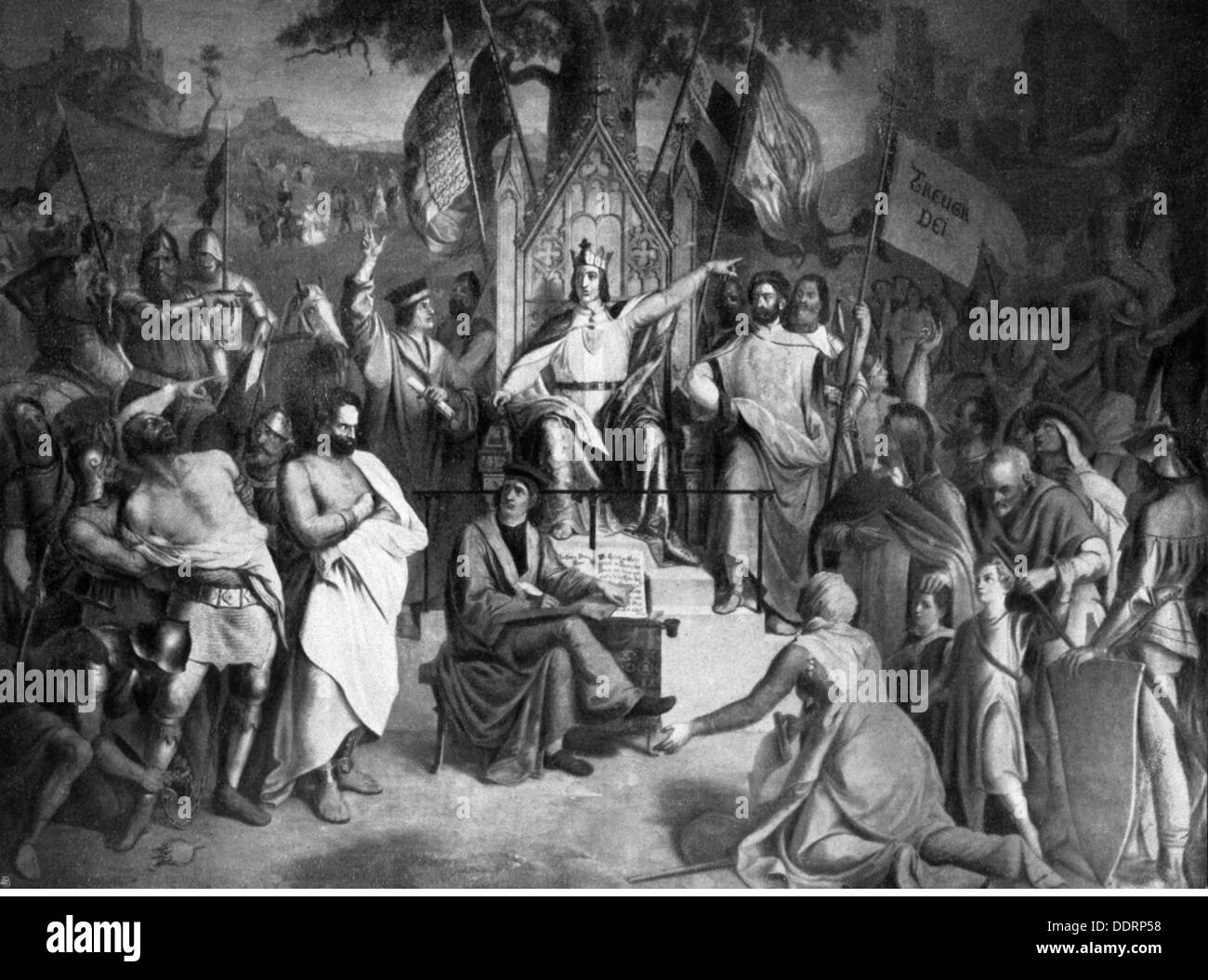 Rudolf i, 1.5.1218 - 15.7.1291, re tedesco 23.10.1273 - 15.7.1291, approvando la pace generale e condannando i baroni rapinatore, 26.10.1273, stampa dopo la pittura di Julius Schnorr von Carolsfeld, Residenz, Monaco di Baviera, circa 1830, Foto Stock