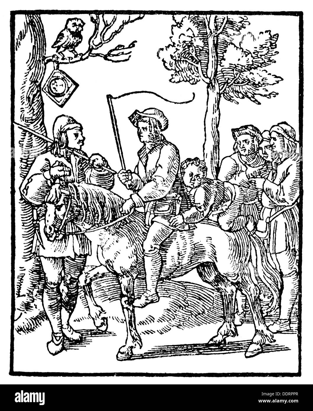 Eulenspiegel, Till, 1300 - 1350, German prankster, full length, woodcut, title page, from: 'Ain kurzweilig von Tyel Ulenspiegel' (un racconto divertente di Tyel Ulenspiegel), stampa: Servais Krusster, Colonia, 1520 / 1530 circa, Foto Stock