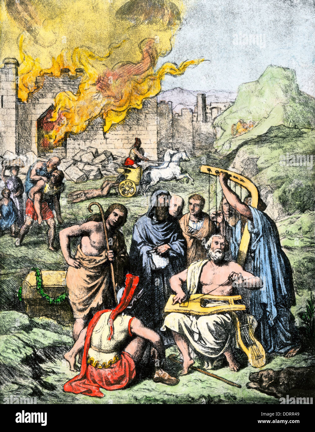 Homer cantando le sue poesie, mostrando la masterizzazione di Troy in background. Colorate a mano di mezzitoni una illustrazione Foto Stock