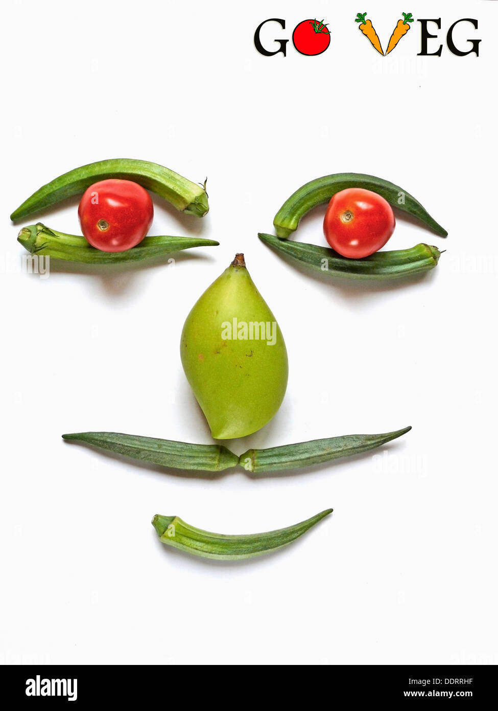 Divertente faccia realizzato da verdure Lady dito, Go Veg, concetto Foto Stock