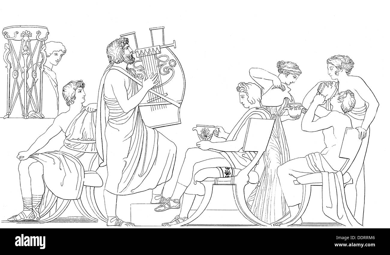 Letteratura, mitologia greca, Odyssey, Phemios cantando di fronte ai suitors di Penelope, disegno di John Flaxman (1755 - 1826), circa 1810, Additional-Rights-Clearences-non disponibile Foto Stock