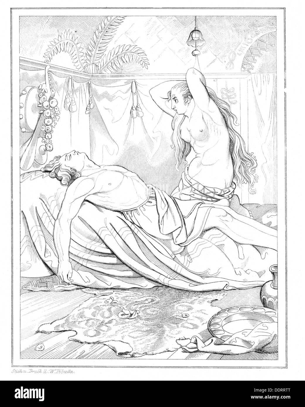 Goethe, Johann Wolfgang von, 28.8.1749 - 22.3.1832, autore/scrittore tedesco, woks, 'Der Gott und die Bajadere' (il Dio e il Bayadere), litografia di Wenzel Pobuda (1797 - 1847), 19th secolo, Foto Stock