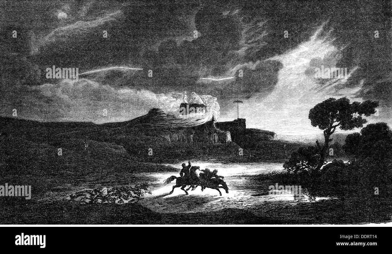 Goethe, Johann Wolfgang von, 28.8.1749 - 22.3.1832, autore/scrittore tedesco, opere, 'Faust', illustrazione, Faust e Mephistopheles passando il luogo di esecuzione, dopo la pittura di Albert Zimmermann (1808 - 1888), incisione in legno, 19th secolo, Foto Stock