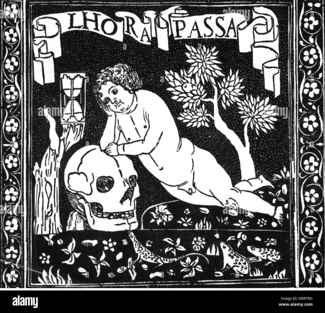 Morte, memoria mori, 'l'Hora passa', putto con cranio e clessidra, taglio di legno, Italia, fine XV secolo, diritti aggiuntivi-clearences-non disponibile Foto Stock