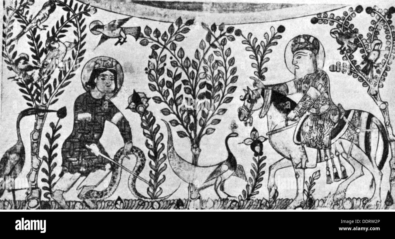 Medicina, medici, medico arabo aiutare un uomo minacciato da un serpente, illustrazione da un manoscritto galeno, Arabia, circa 1250, Additional-Rights-Clearences-Not Available Foto Stock