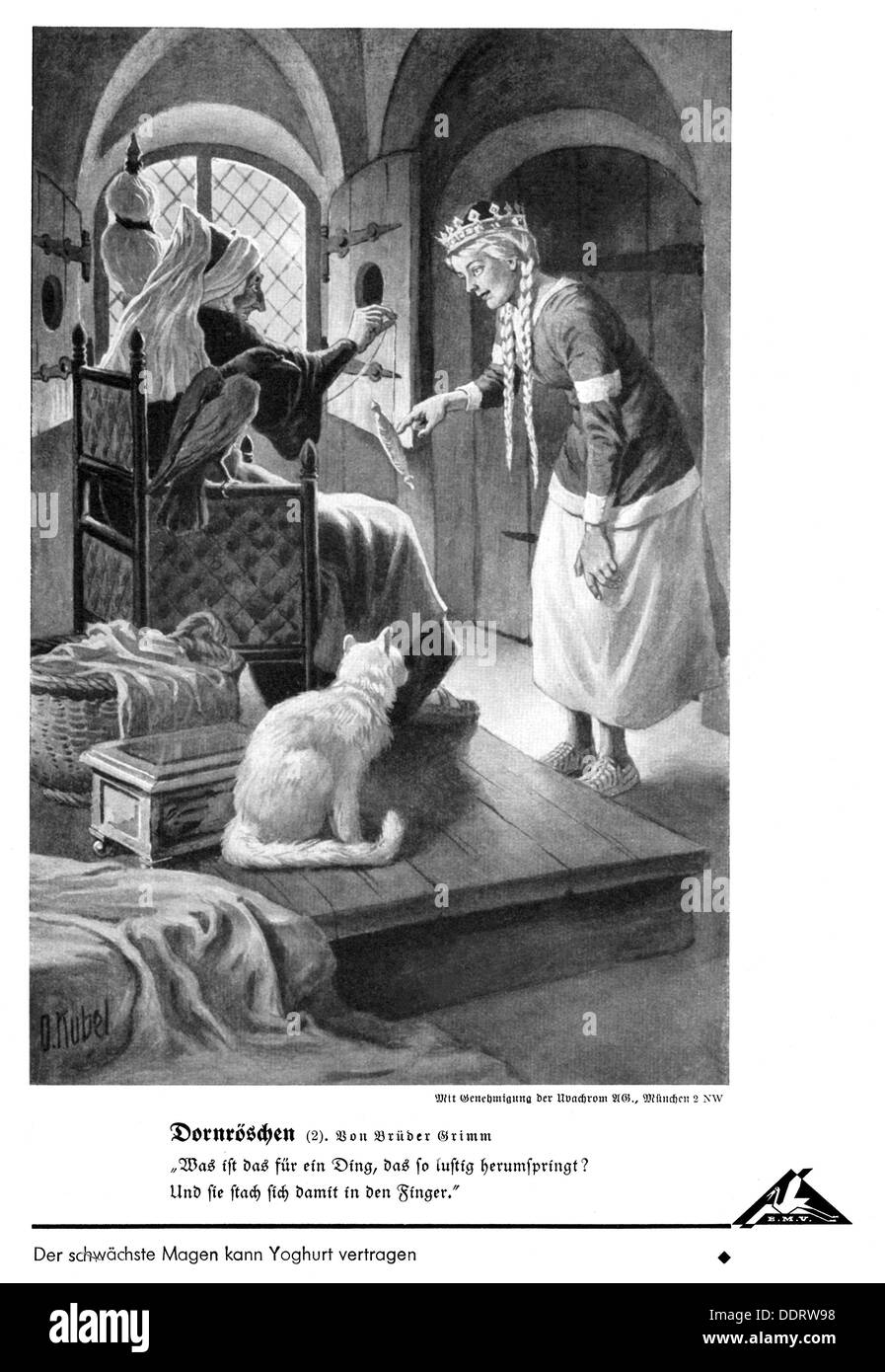 Letteratura, favole, fratelli Grimm, 'la bellezza del sonno', la bellezza del sonno e la vecchia signora con il fuso, illustrazione di otto Kubel (1868 - 1951), da: 'Bilderatlas zu den bayerischen Lesebüchern' (Atlante delle immagini dei Storybooks bavaresi), favole, editore: Bayerische Milchorgversung, Norimberga, stampa: F.Bruckmann, diritti aggiuntivi-1930-Monaco di Baviera-non disponibili Foto Stock