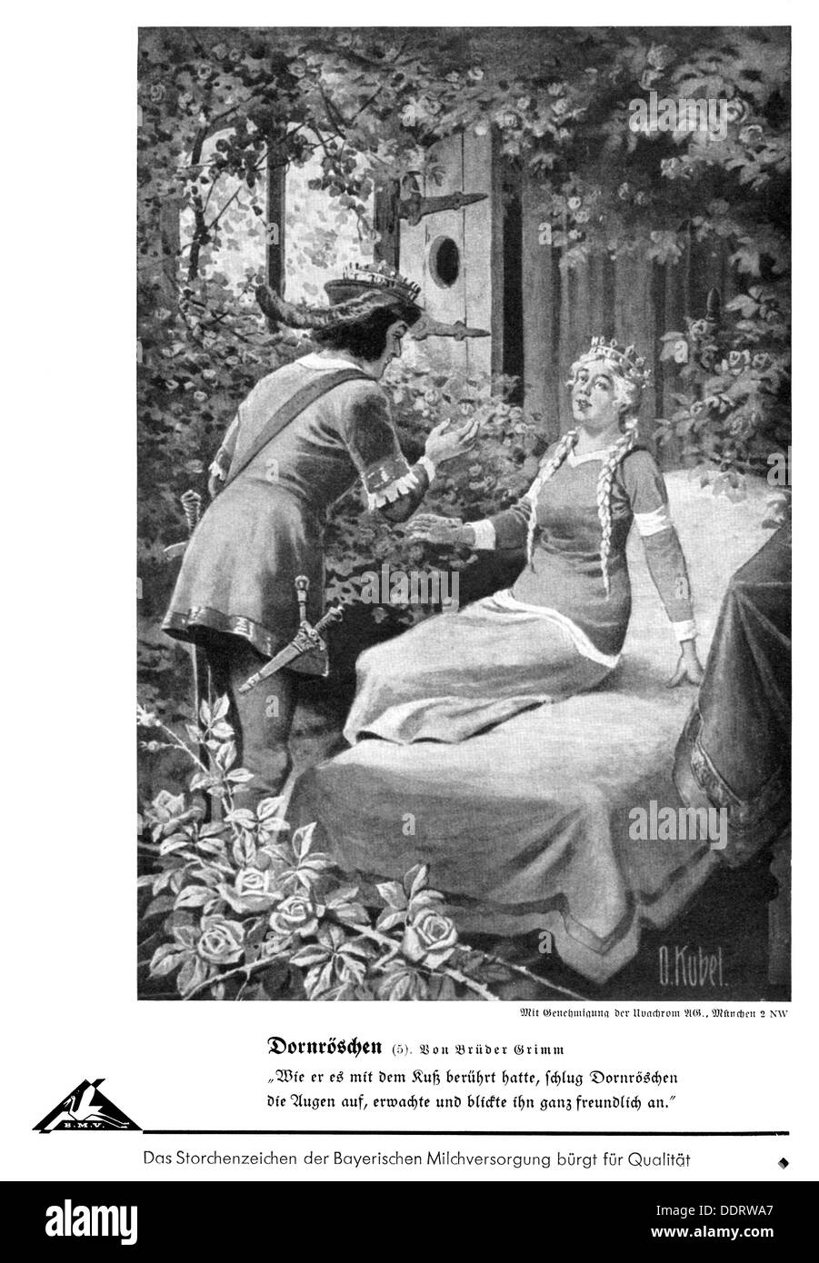 Letteratura, favole, fratelli Grimm, 'bellezza dei leeping', principe sulla strada per il castello incantato, illustrazione di otto Kubel (1868 - 1951), da: 'Bilderatlas zu den bayerischen Lesebüchern' (Atlante delle immagini dei Storybooks bavaresi), favole, editore: Bayerische Milchorgversung, Norimberga, stampa: F.Bruckmann, diritti aggiuntivi-1930-Monaco di Baviera-non disponibili Foto Stock