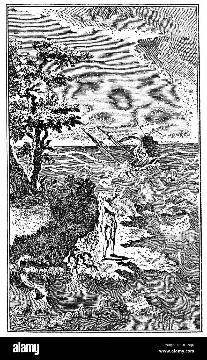 Letteratura, Robinson Crusoe di Daniel Defoe (1660 - 1731), Illustrazione, Robinson pregando dopo il suo salvataggio dalla tempesta, vignette, incisione su rame da una edizione francese, 1768, artista del diritto d'autore non deve essere cancellata Foto Stock