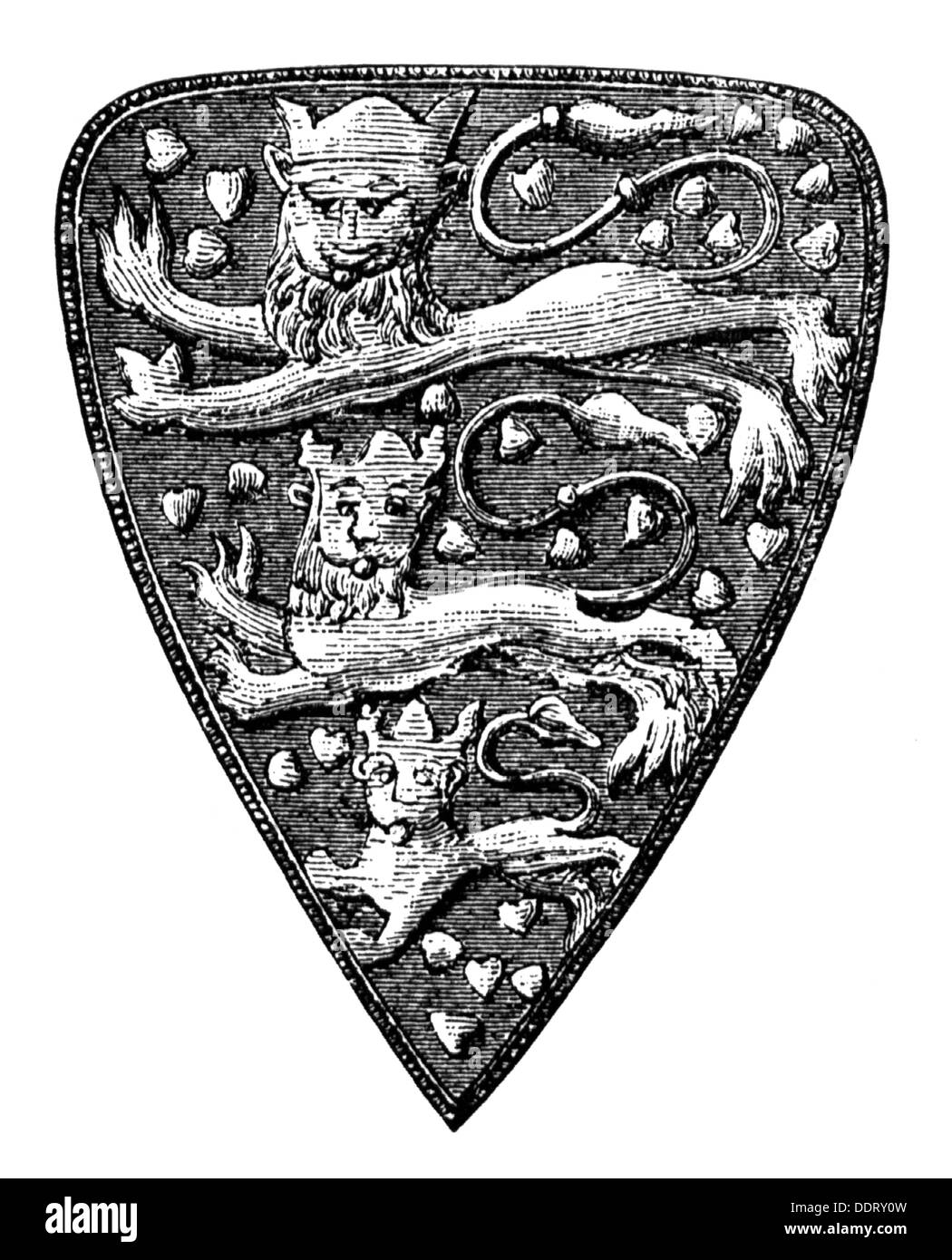 Araldica, stemma, Svezia, scaglione di re Valdemaro (regnato 1250 - 1275), incisione in legno, XIX secolo, Valdemar Birgersson, Casa di Folkung, Casa di Bjelbo, animale araldico, animali araldici, animale, animali, leopardo, libbard, leopardi, Regno di Svezia, Medioevo, XIII secolo, storici-non disponibili, diritti aggiuntivi Foto Stock