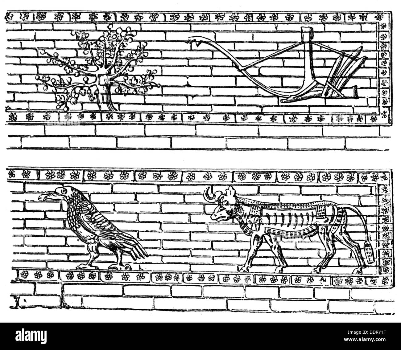 Mondo antico, Assiria, belle arti, mosaico, palazzo del re Sargon II, Dur Shurrukin, Iraq, 712 - 706 a.C., incisione del legno, 19th secolo, Foto Stock