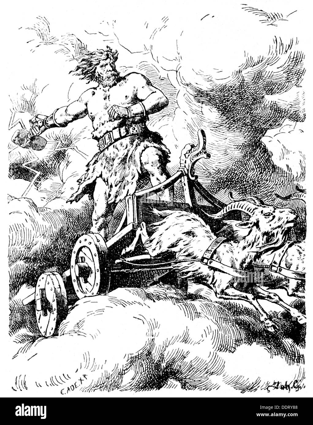 Thor (Donar), Dio germanico del tuono, nel suo carro, incisione in legno dopo disegno di Johann Gehrts, 19th secolo, Foto Stock