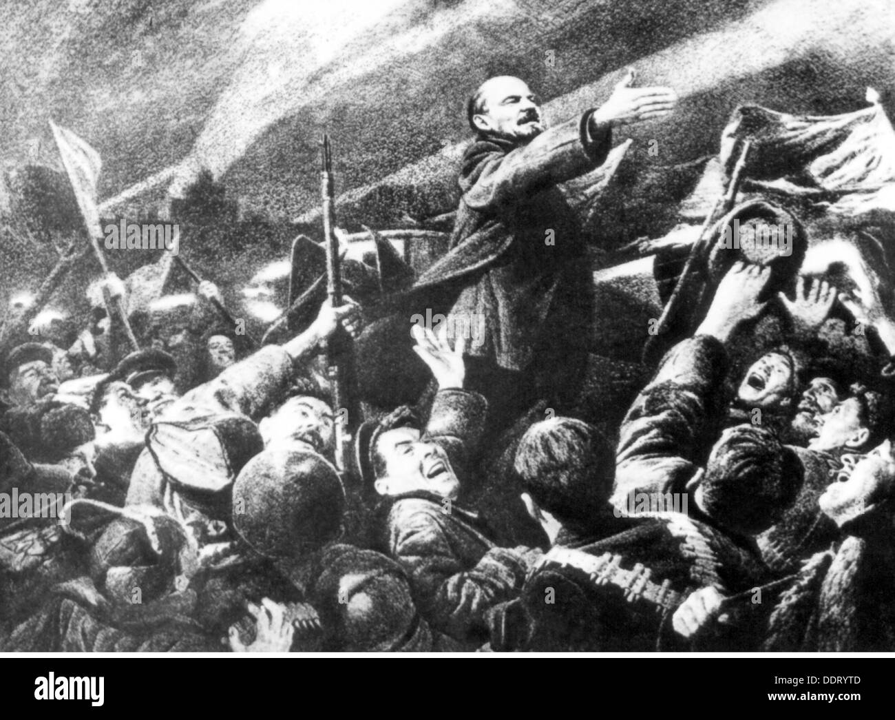 Lenin (Vladimir Ilyich Ulyanov), 22.4.1870 - 21.1.1924, politico russo, a manifestazione con soldati rivoluzionari, dopo litografia di V.Kuznetsova, 20th secolo, Foto Stock