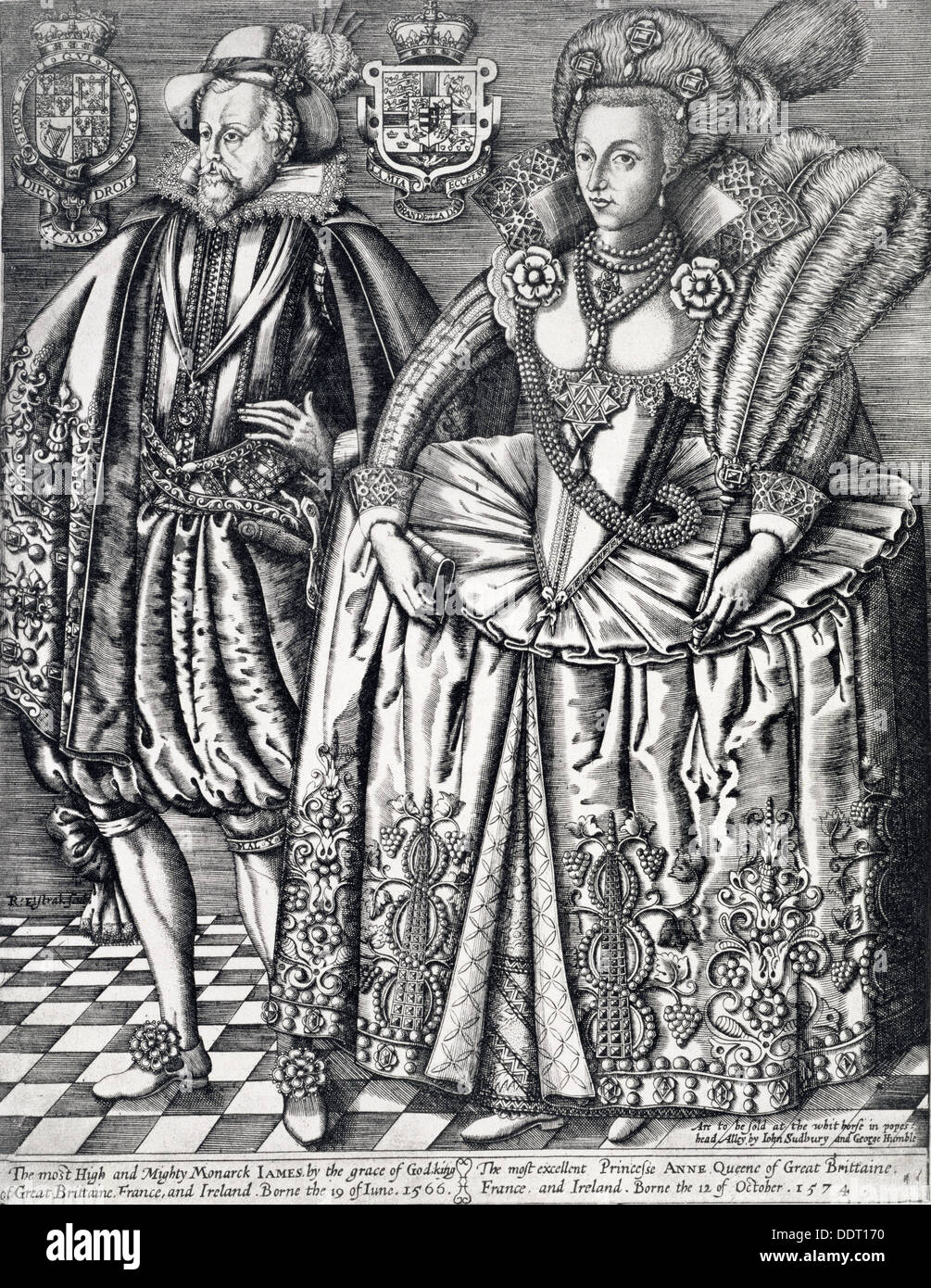 Giacomo I, re d'Inghilterra, in Scozia e in Irlanda e Anne della Danimarca, 1618. Artista: Renold Elstrack Foto Stock
