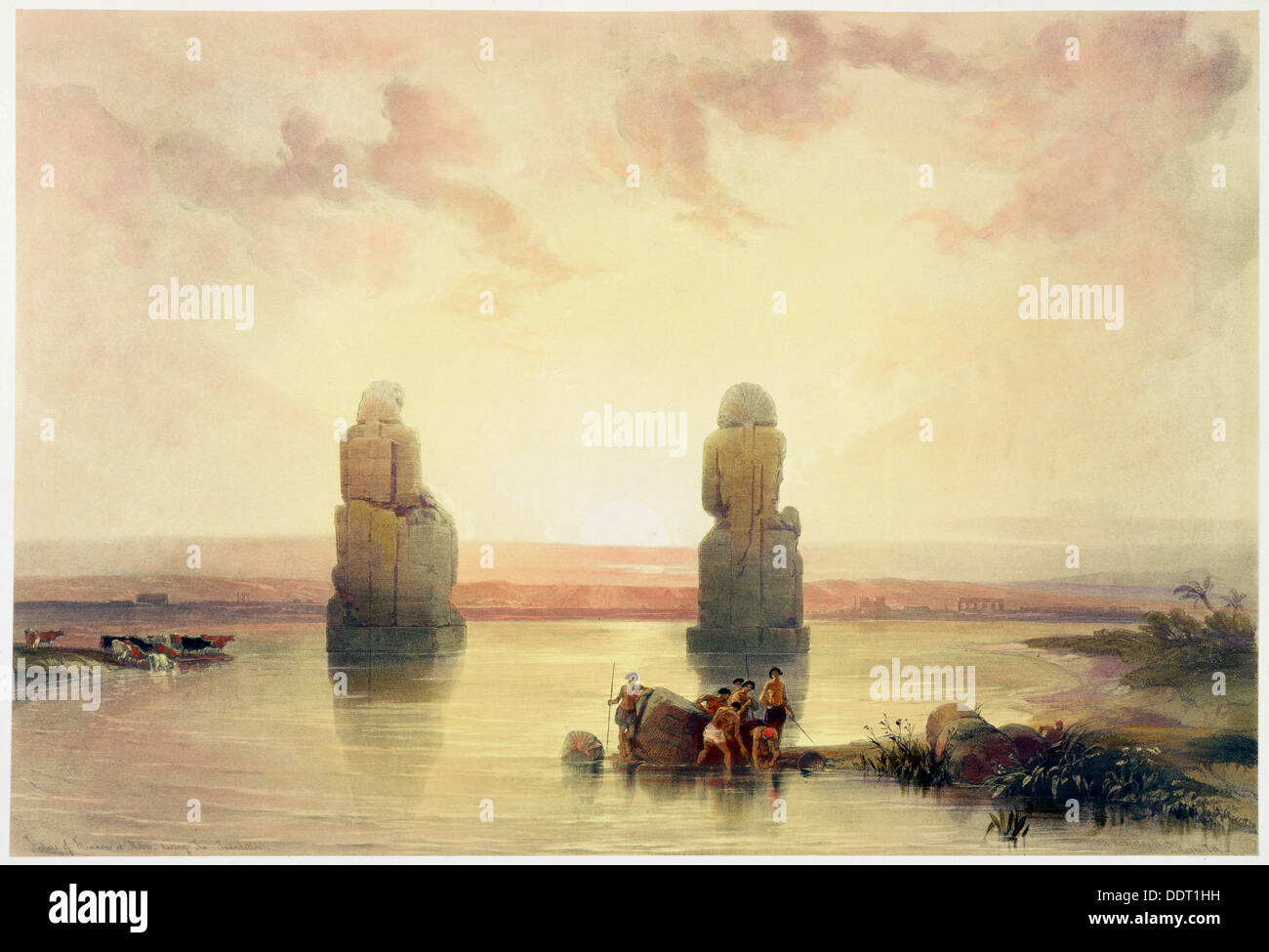 'I Colossi di Memnon, a Tebe, durante l'allagamento', Egitto, c1845. Artista: David Roberts Foto Stock