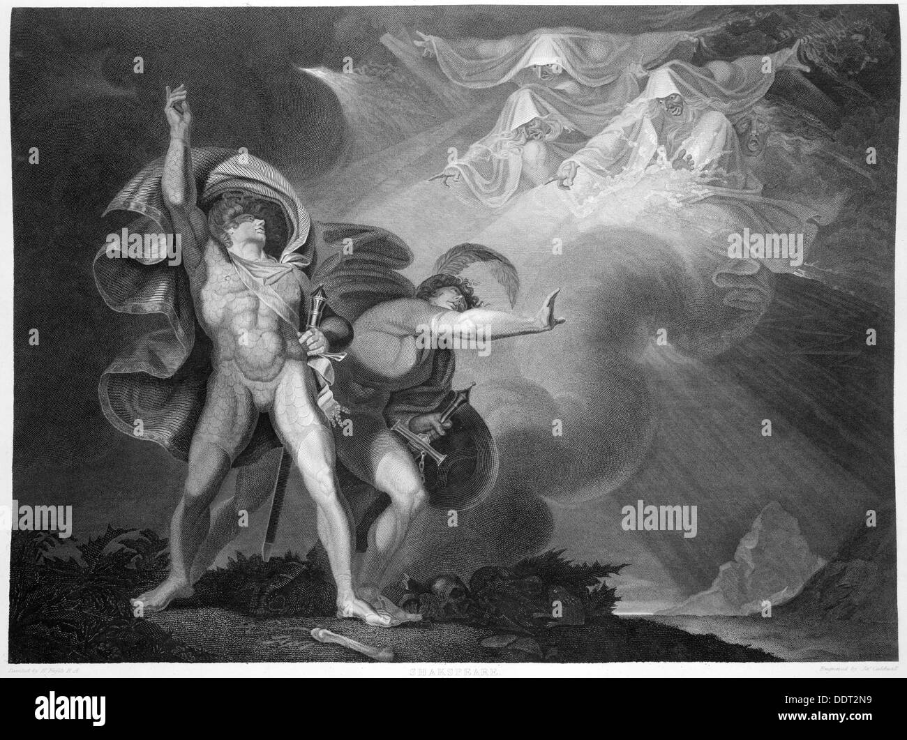 Macbeth e Banquo incontrano tre streghe sulla brughiera, 1805. Artista: John Boydell Foto Stock