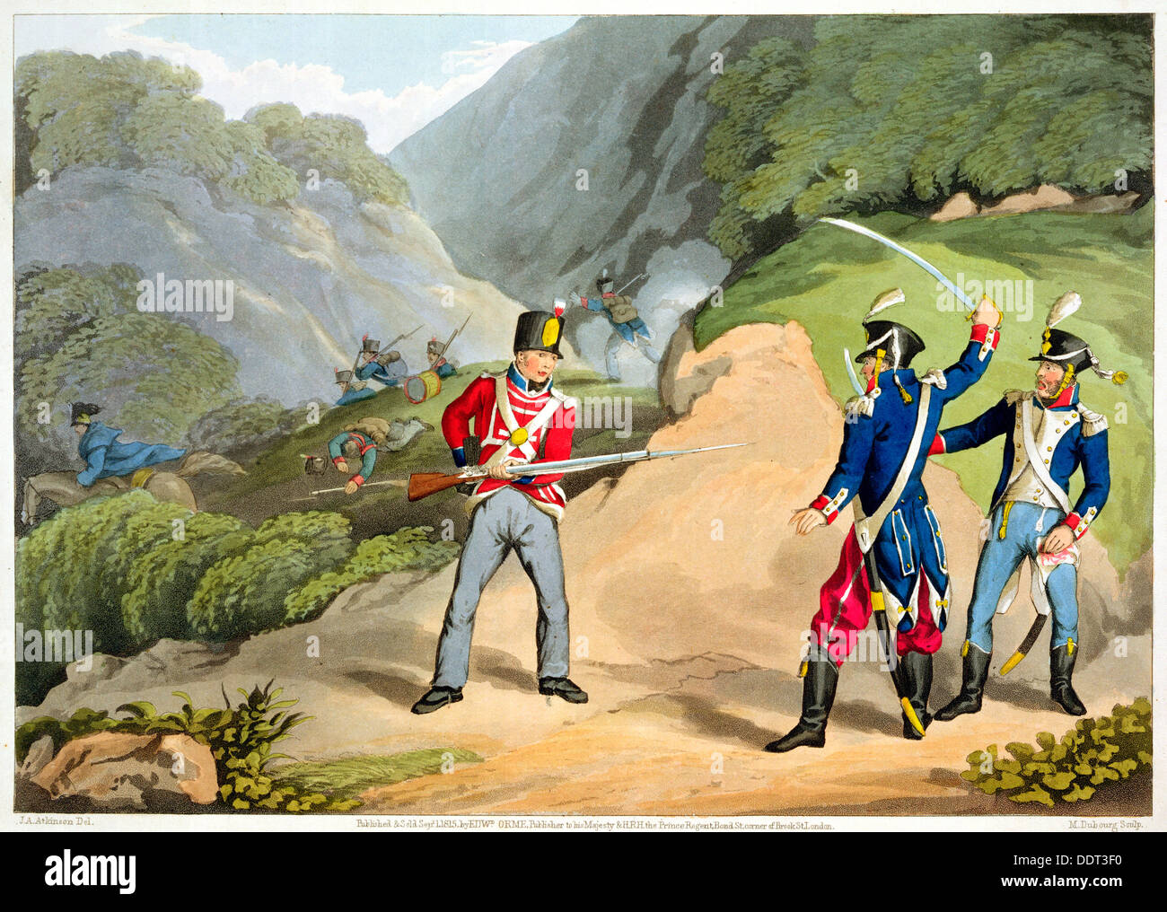 'Un soldato britannico prendendo due ufficiali francesi nella battaglia dei Pirenei', 1813 (1816). Artista: Matthew Dubourg Foto Stock
