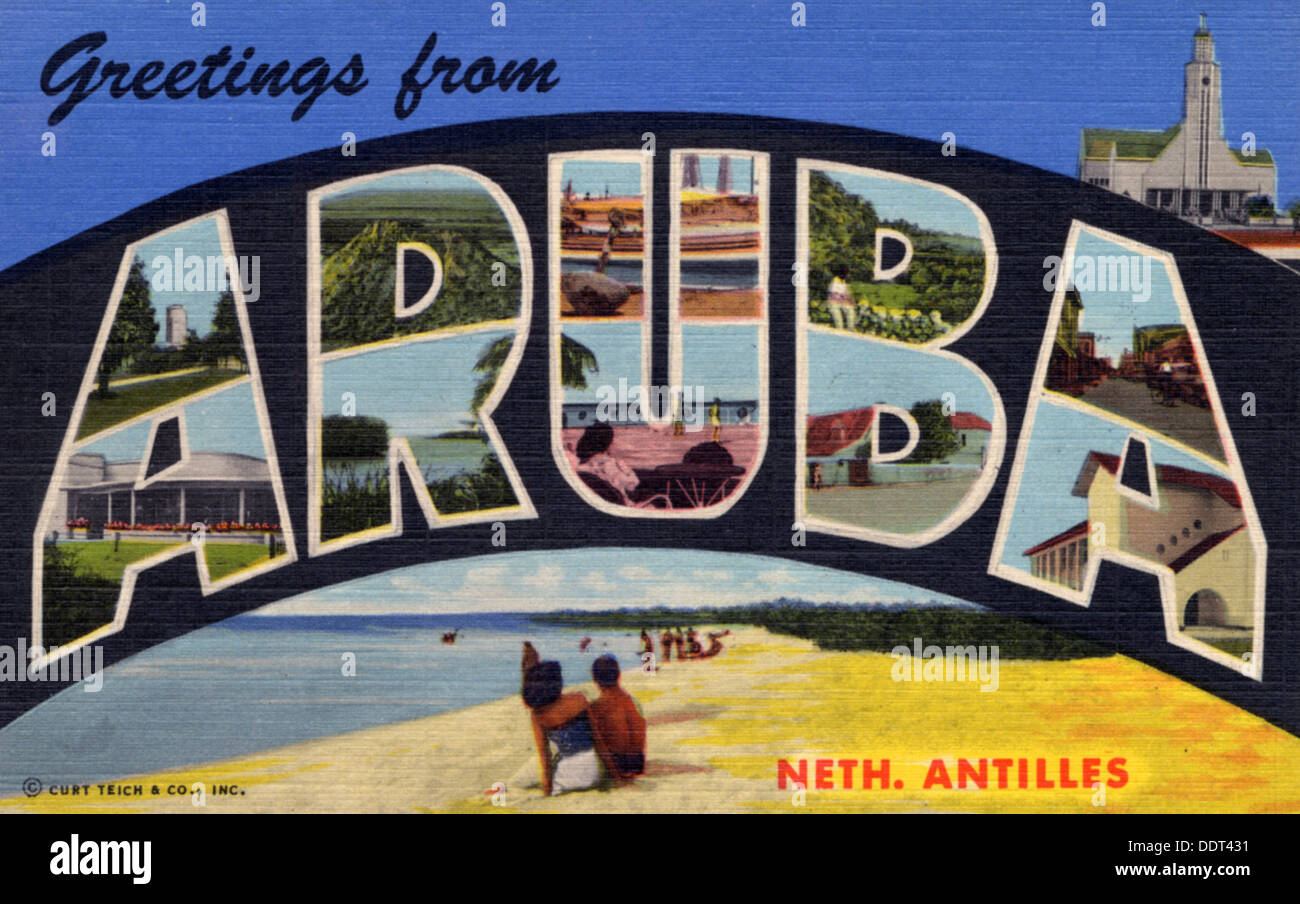"Saluti da Aruba, Antille olandesi, cartolina, 1950. Artista: sconosciuto Foto Stock