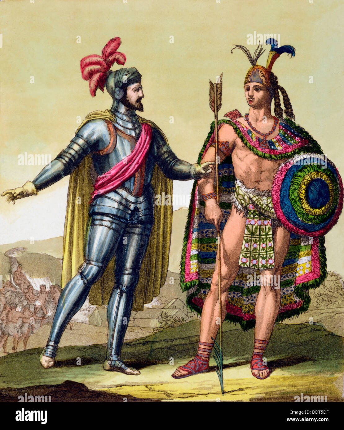 L incontro tra Hernando Cortes e Montezuma II, Messico, 1519 (c1820-1839). Artista: Gallo Gallina Foto Stock
