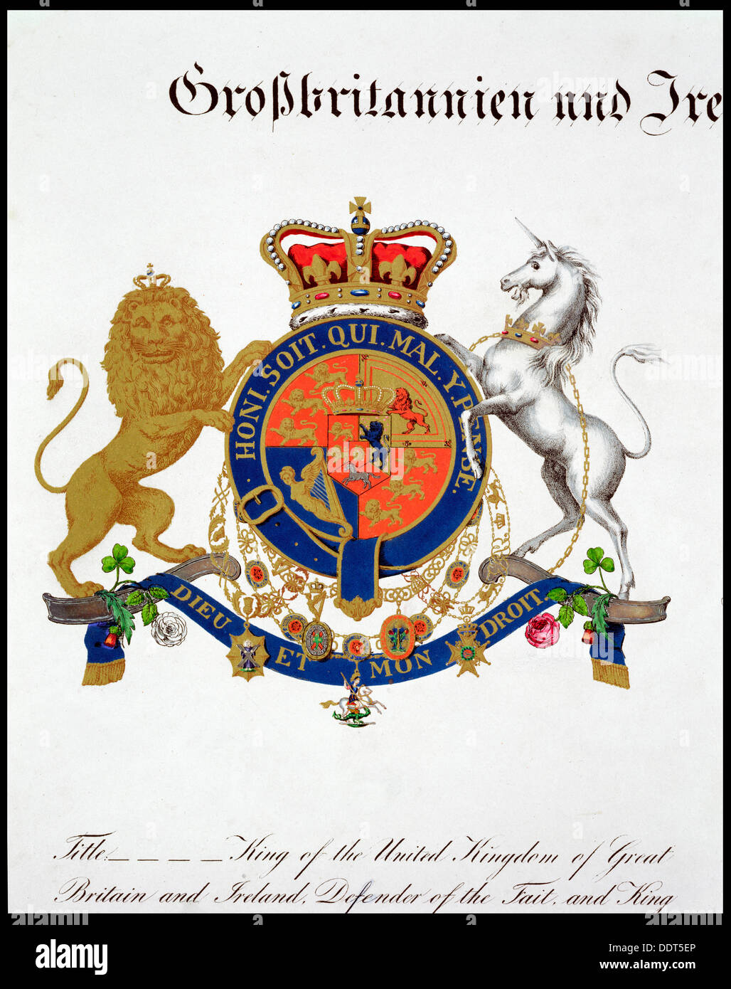 Il Crest del Re del Regno Unito di Gran Bretagna e Irlanda e di Hannover, xix secolo. Artista: sconosciuto Foto Stock