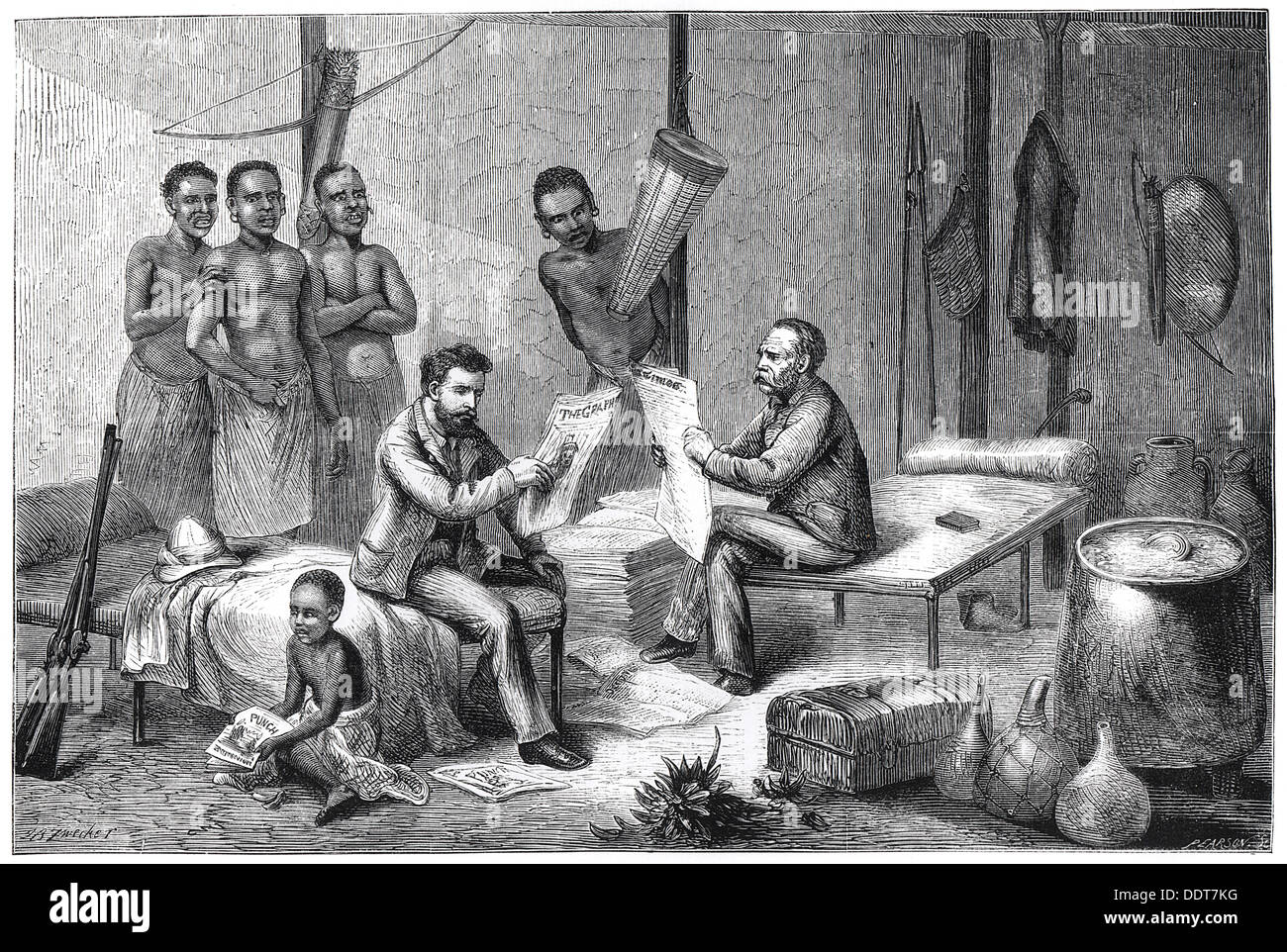 Livingstone e Stanley ricevere quotidiani in Africa centrale, 1871-1873. Artista: Pearson Foto Stock