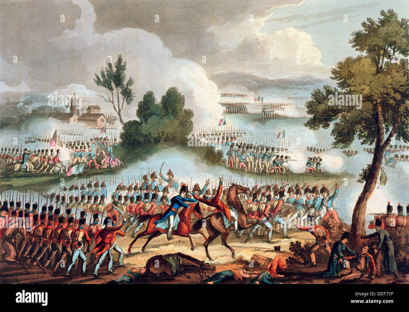 'L'ala sinistra dell'esercito britannico in azione nella battaglia di Waterloo, 18 giugno 1815 Artista: Thomas Sutherland Foto Stock