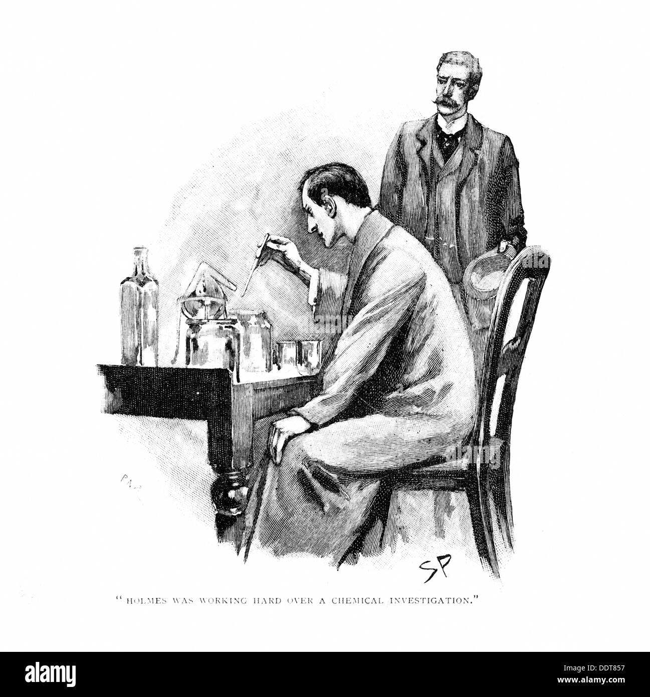 "Holmes stava lavorando duro su una analisi chimica", 1893. Artista: Sidney e Paget Foto Stock