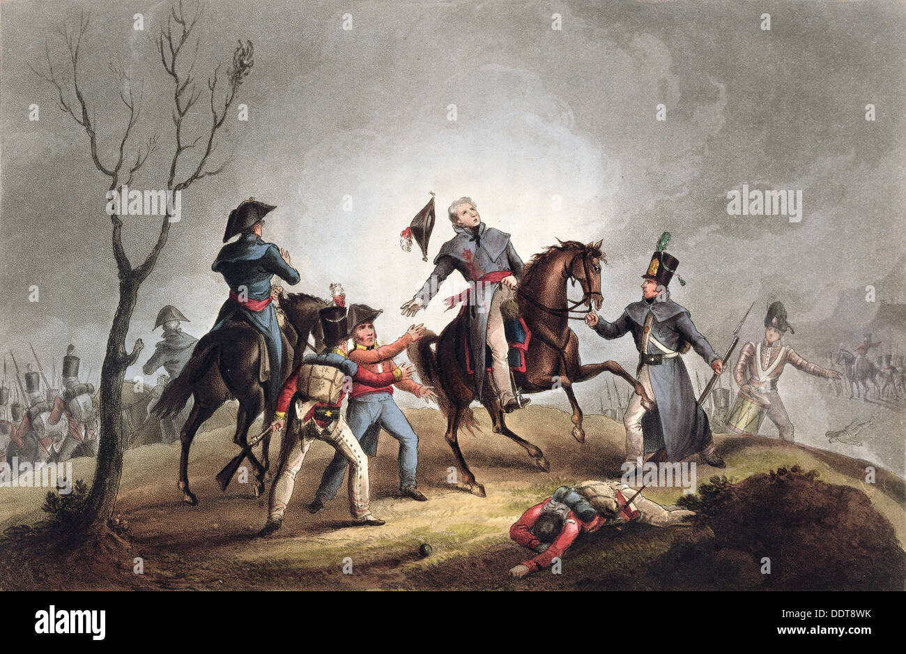La morte di Sir John Moore, La Coruna, Spagna, 17 gennaio 1809 (1815). Artista: Thomas Sutherland Foto Stock