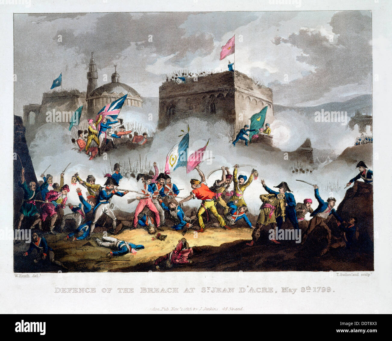 Difesa della violazione a St Jean d'Acre, 8 maggio 1799', 1815. Artista: Thomas Sutherland Foto Stock