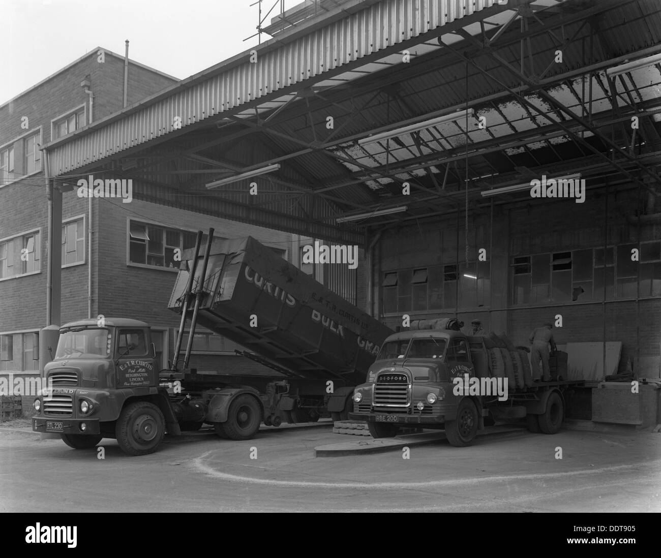 Lo scarico e il carico dei camion, Spillers cibi per animali, Gainsborough, Lincolnshire, 1961. Artista: Michael Walters Foto Stock