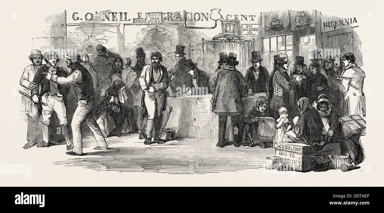 L'emigrazione agenti " Ufficio, il passaggio denaro pagato, 1851 l'incisione Foto Stock