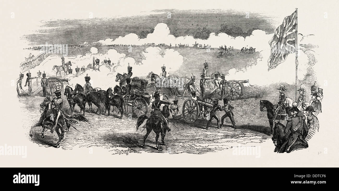 BRITISH ROYAL HORSE ARTILLERY, BATTERIA IN AZIONE, UK, 1851 l'incisione Foto Stock