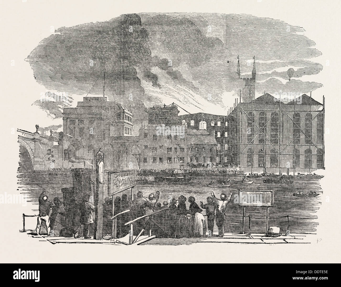 Fuoco distruttivo a HIBERNIA WHARF, Southwark, Londra, Regno Unito, 1851 l'incisione Foto Stock