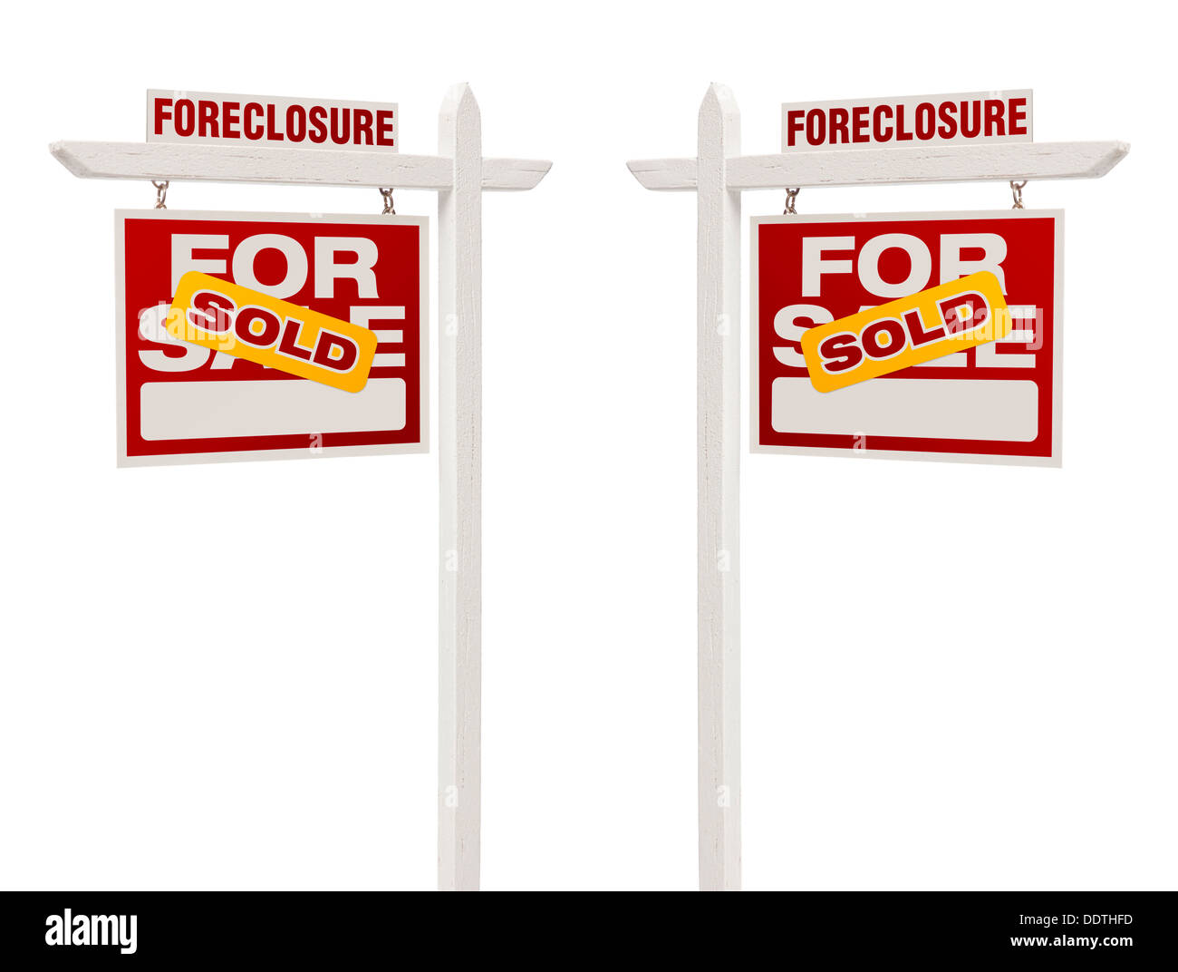 Coppia di sinistra e di destra di fronte a venduto la preclusione per la vendita immobiliare di segni con percorso di clipping isolato su bianco. Foto Stock