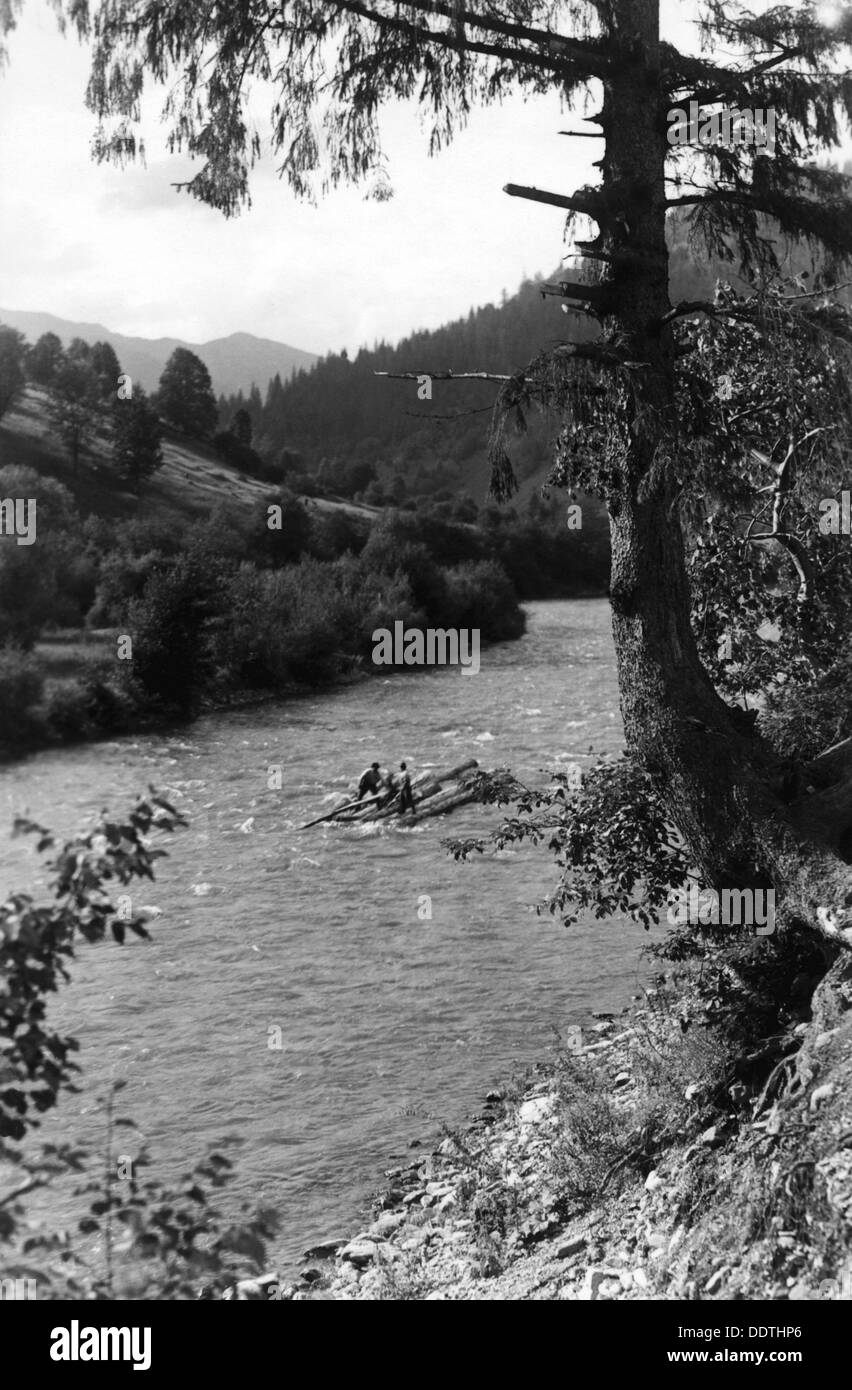 Floating tronchi giù il fiume Bistrita Valle, Moldavia, a nord-est della Romania, C1920-c1945. Artista: Adolph Chevalier Foto Stock