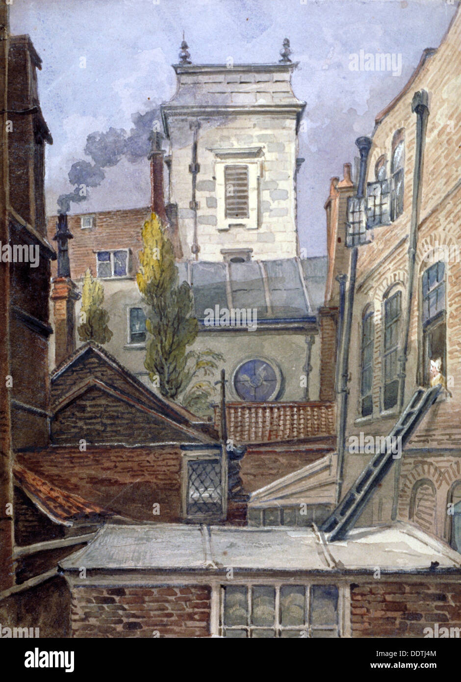 La torre della chiesa di St George Botolph Lane, Città di Londra, c1830. Artista: George Shepheard Foto Stock