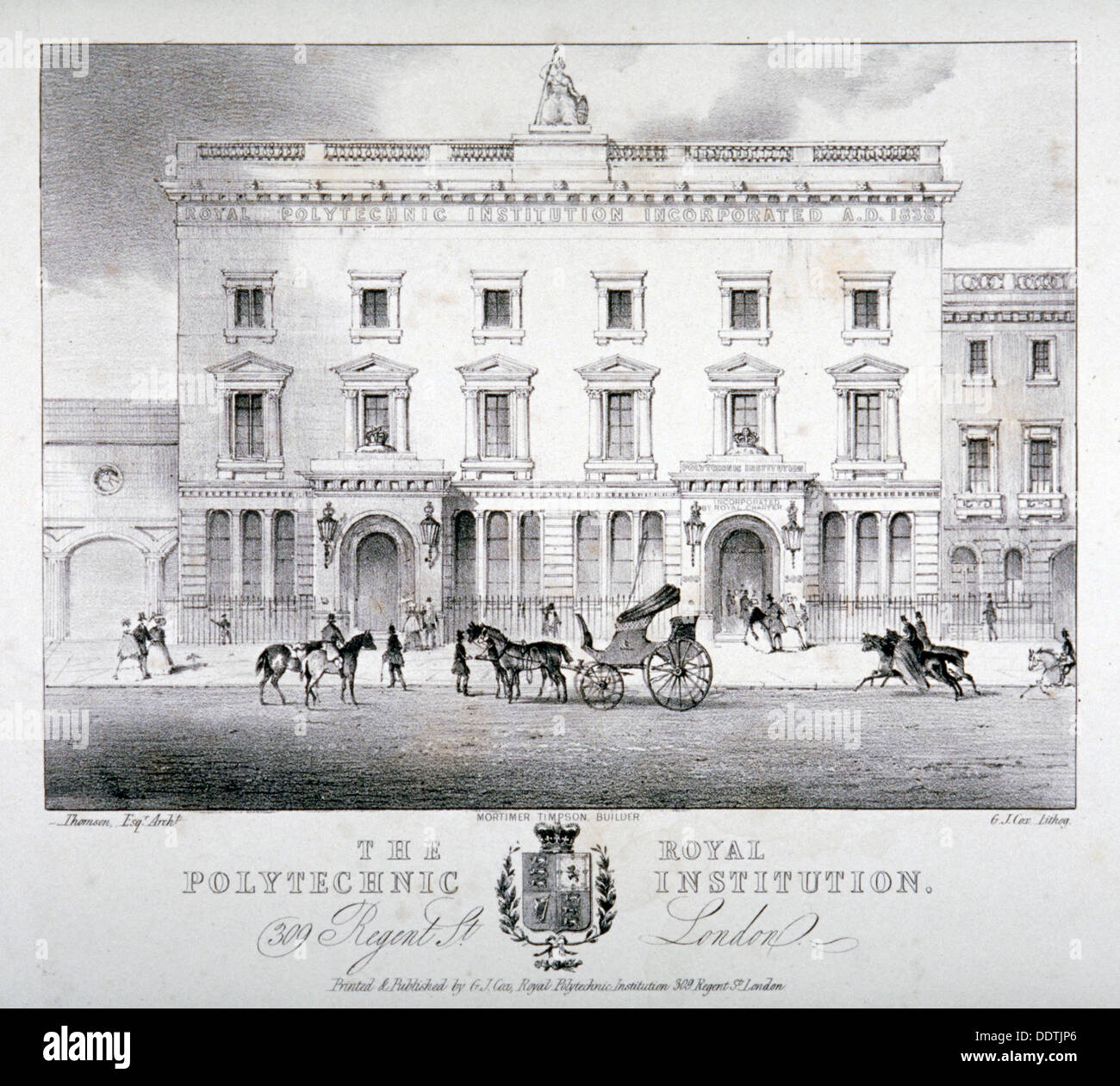 Vista di Regent Street Polytechnic con a cavallo il veicoli nella parte anteriore, Londra, c1840. Artista: GJ Cox Foto Stock