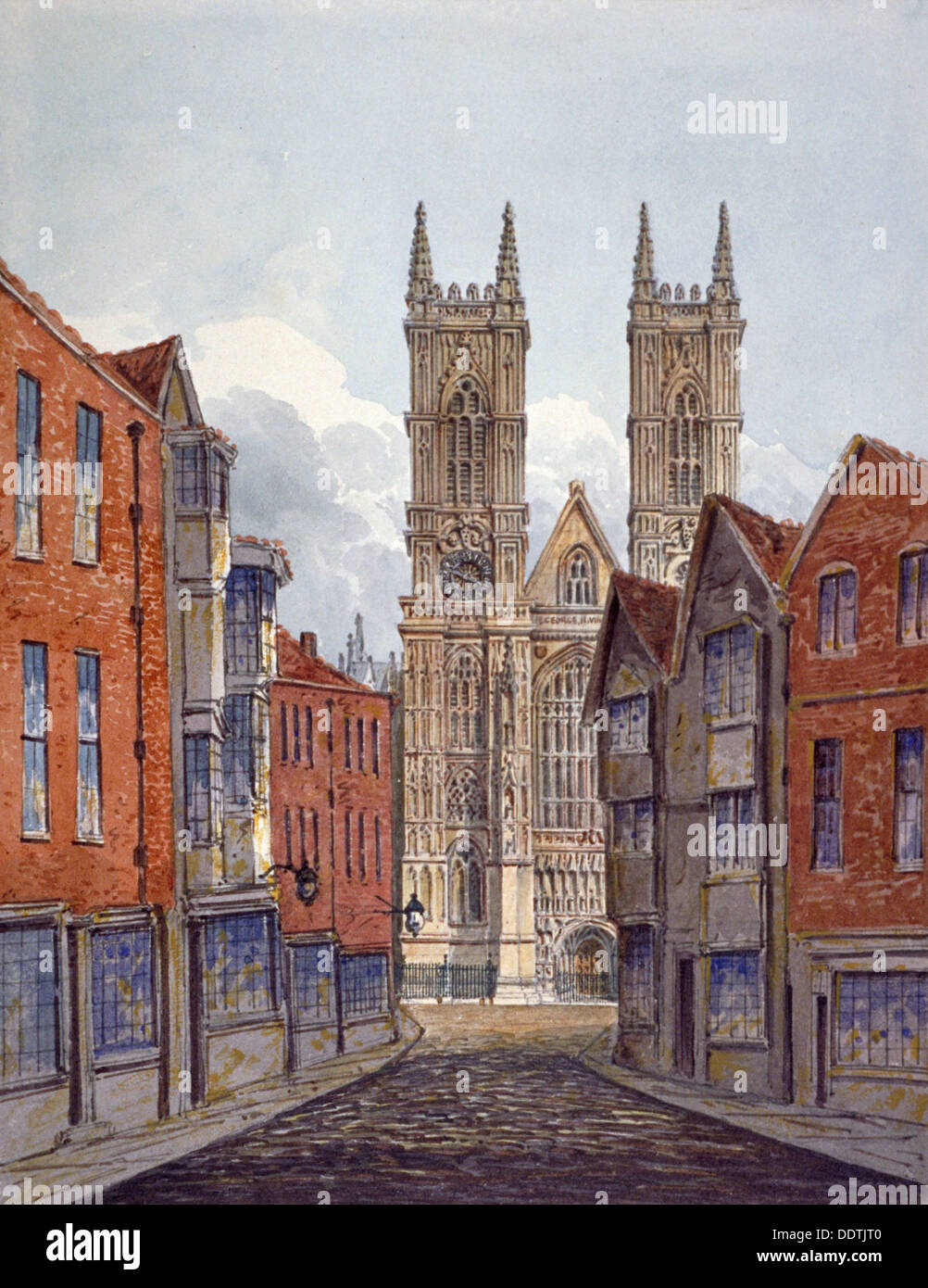 Vista del west end di Westminster Abbey, guardando da Tothill Street, Londra, c1815. Artista: William Pearson Foto Stock