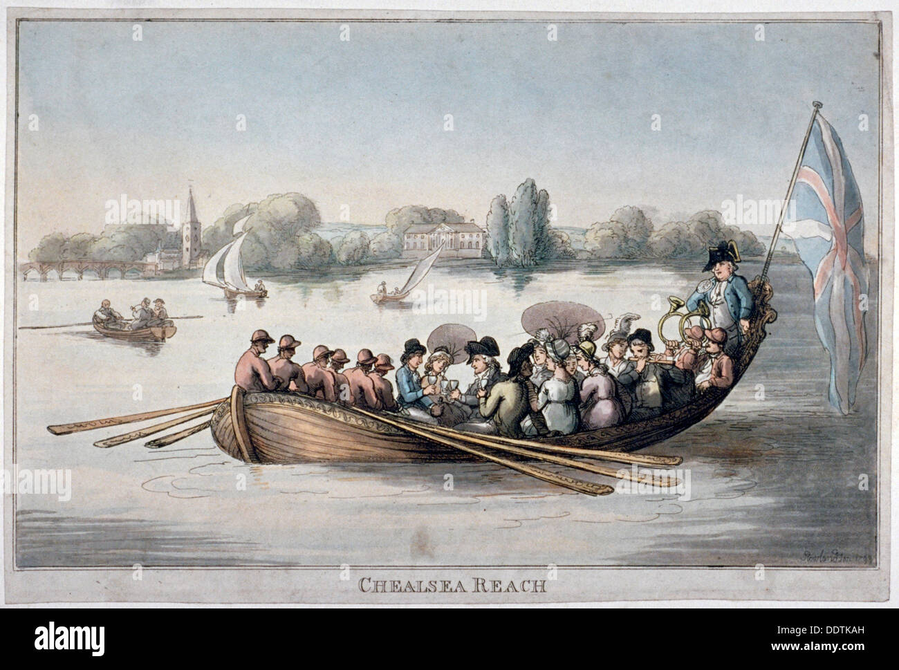 Vista che mostra le figure in una barca a remi sul Tamigi a Chelsea raggiungere, Londra, 1799. Artista: Anon Foto Stock