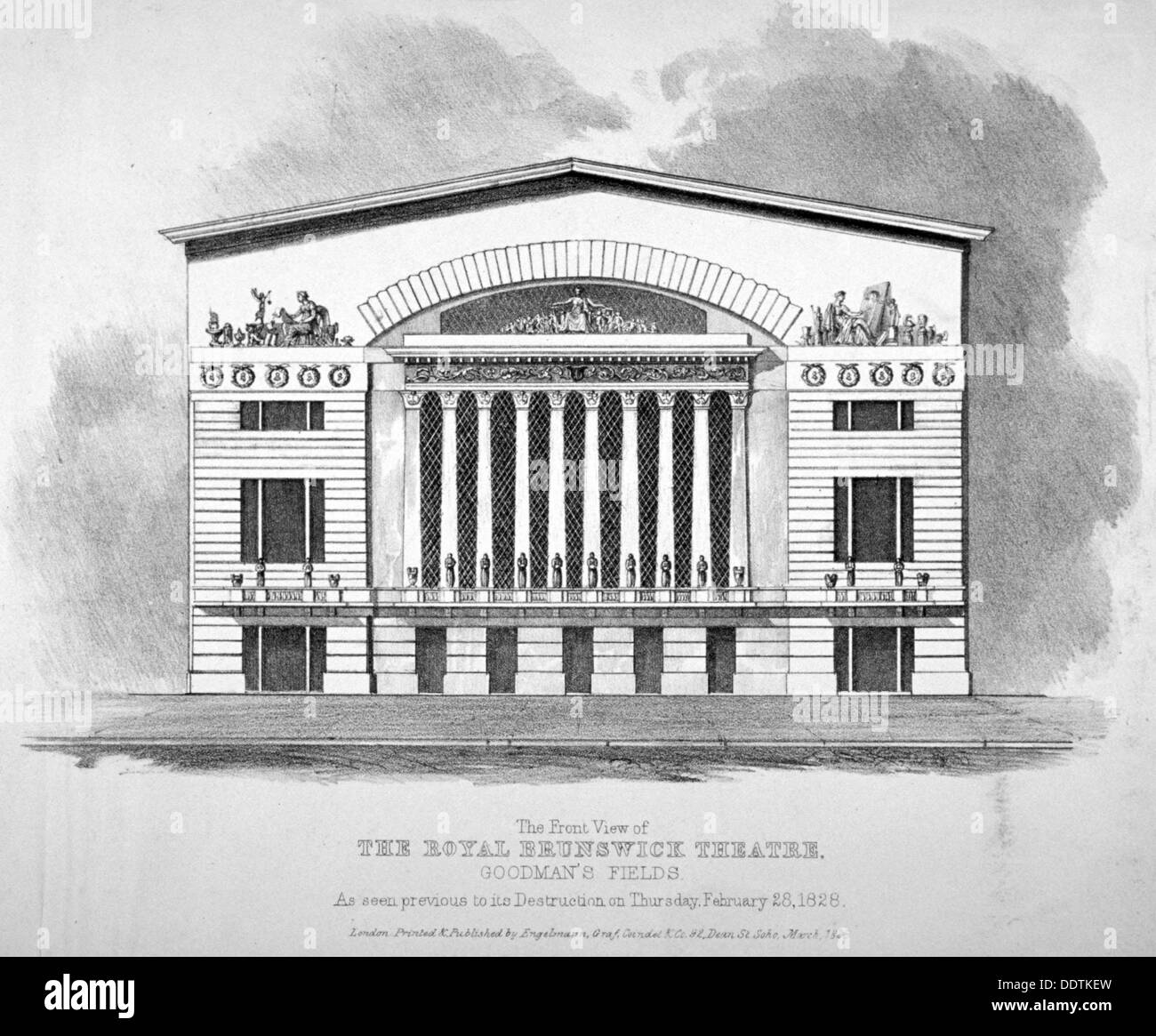 Vista frontale del Regio Teatro Brunswick, Goodman i campi, Stepney, Londra, 1828. Artista: Anon Foto Stock