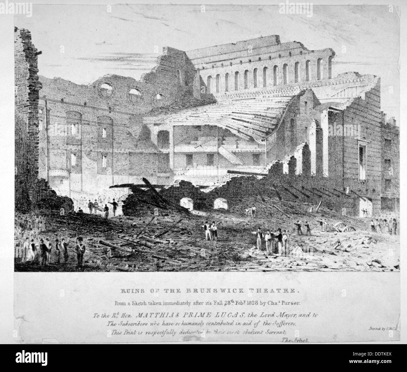 Rovine di Brunswick Theatre, Goodman i campi, Stepney, Londra, 1828. Artista: Anon Foto Stock