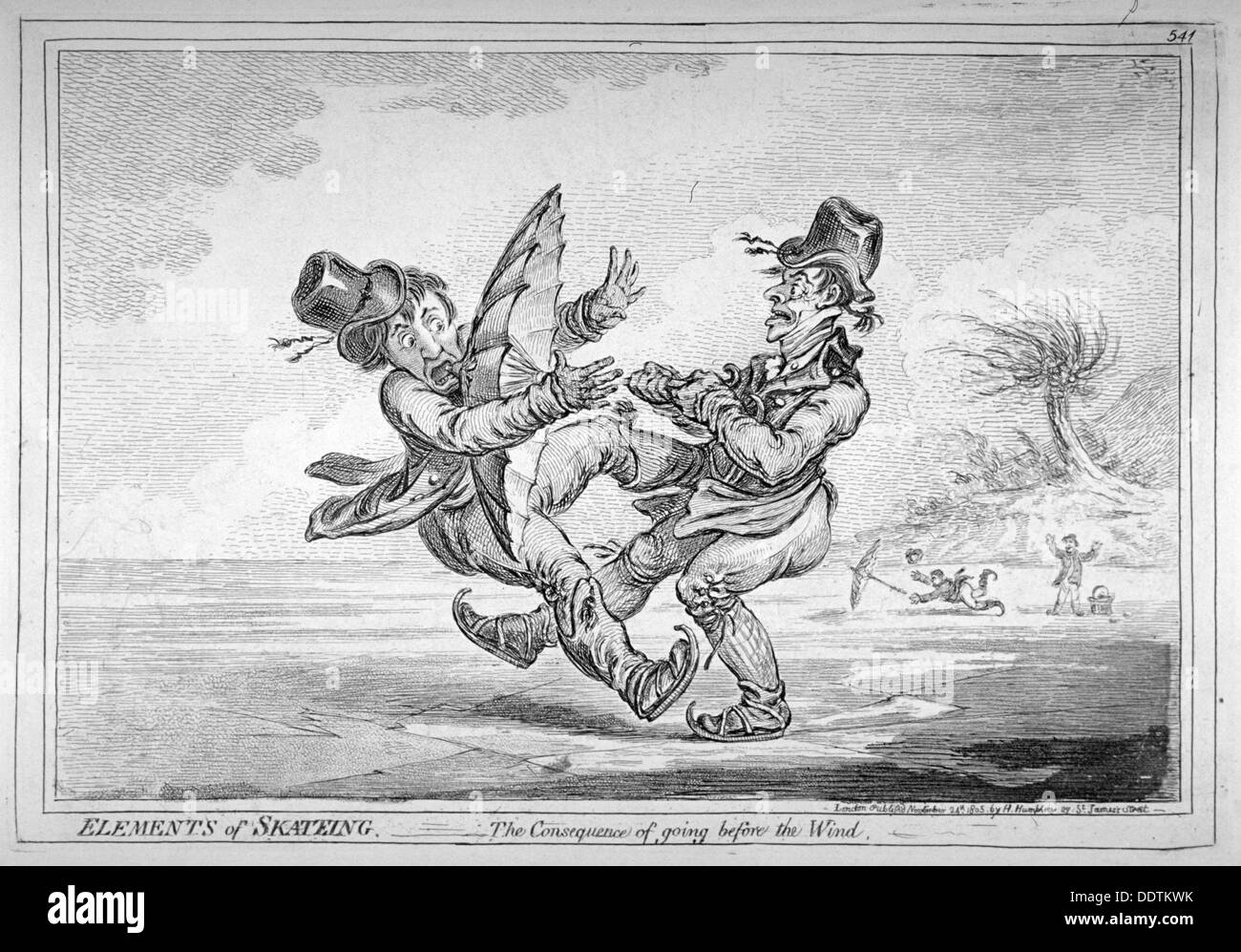 "Elementi di Skateing. La conseguenza di andare prima che il vento", 1805. Artista: James Gillray Foto Stock